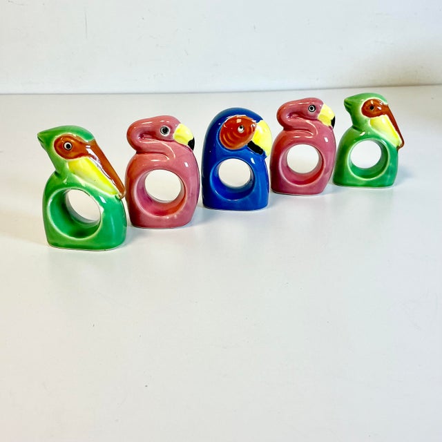 Ceramic 1980s Vintage Coastal Boho Chic Tropical Birds Ceramic Napkin Rings - Set of 5. For Sale - Image 7 of 10