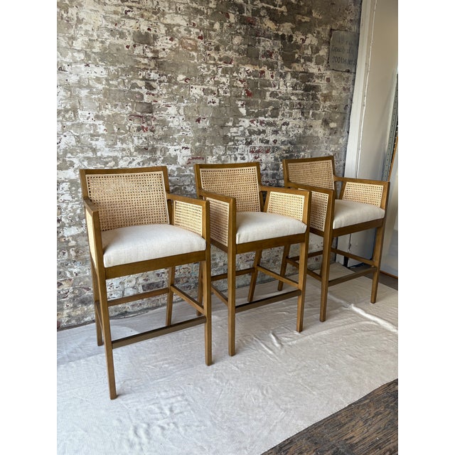 Elevate your kitchen island or home bar with this stylish set of three bar stools featuring classic cane backs, wood...