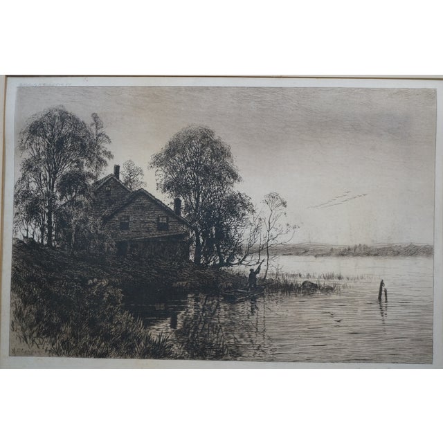 Antique Benjamin Lander Signed Waterfront House Figure in Boat Etching 21" For Sale - Image 6 of 12