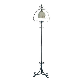 1910s "Harp" Style Wrought Iron Floor Lamp With Orientalist Glass Shade For Sale