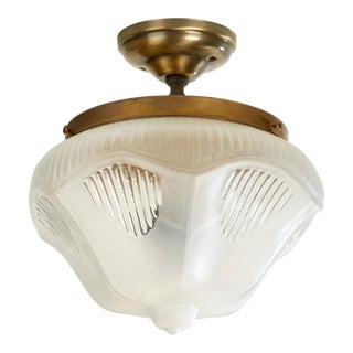 Vintage Flush Mount Ceiling Light With Art Deco Glass Shade For Sale
