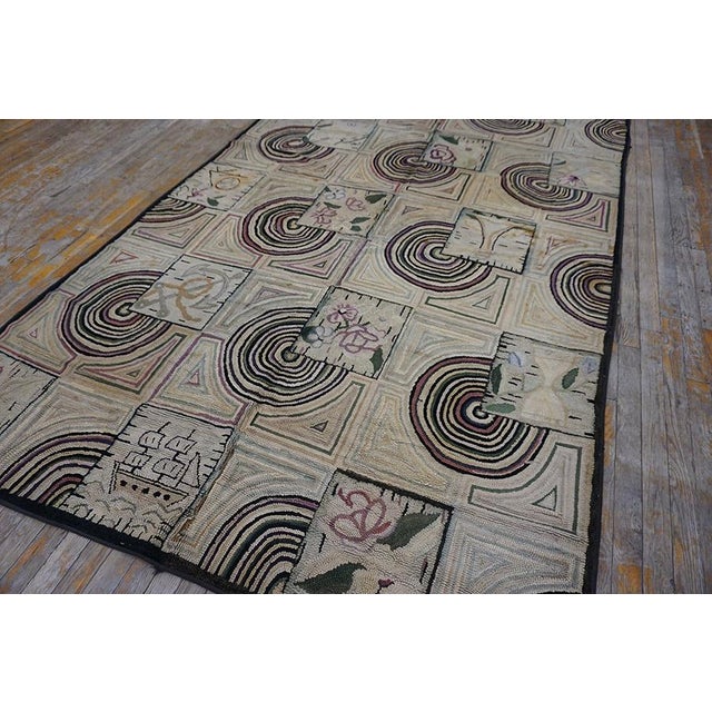 Nice Tan-Beige Background With Prominent Circles Black Geometric Design Antique American Hooked Rug For Sale - Image 10 of 13