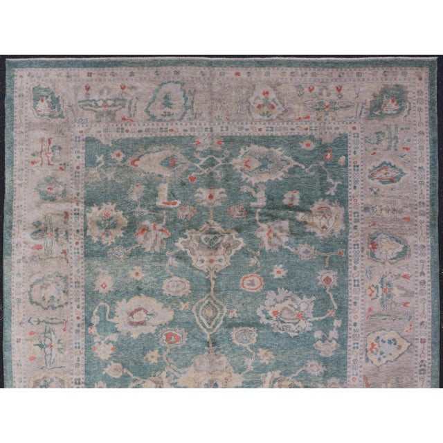 Green Color Turkish Oushak Rug by Keivan Woven Arts 10'7'' X 13'8'' For Sale - Image 4 of 18