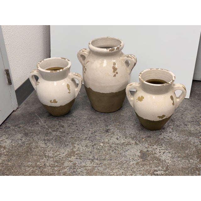 White Pottery Barn Tuscan Handcrafted Terracotta Double-Handled Urns, Set of Three For Sale - Image 8 of 12