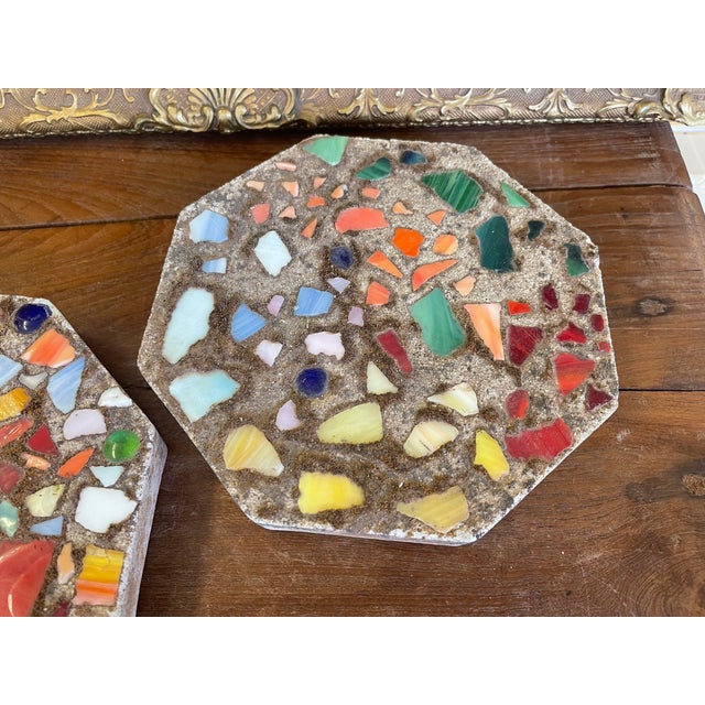 Sculpture Materials Pair of Vintage Mosaic Glass and Concrete Octagonal Stepping Stones For Sale - Image 7 of 10