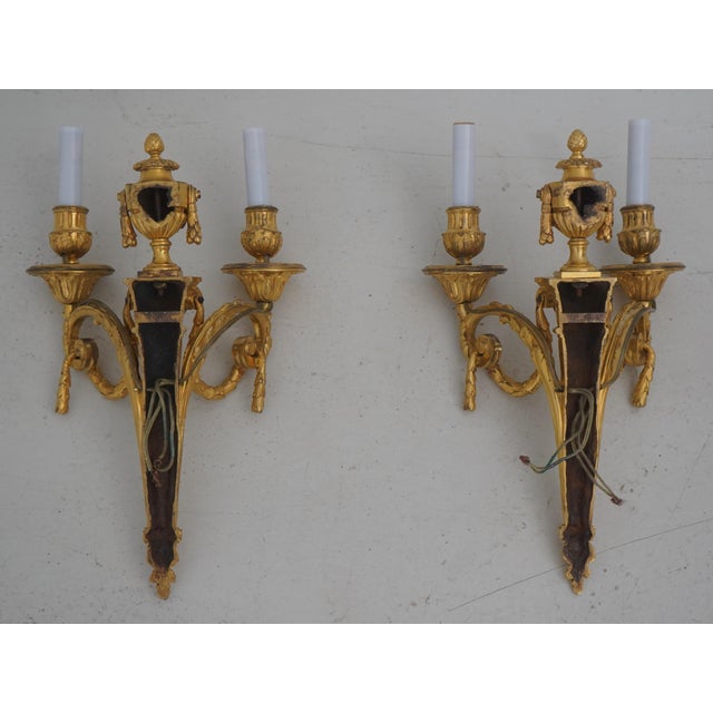 Vintage French Bronze Louis XVI Twin Arm Sconces - a Pair For Sale - Image 9 of 9
