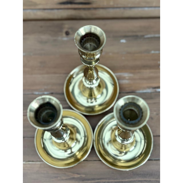 Set of 3 Vintage English Brass Chambersticks W/ Glass Hurricane Chimneys For Sale - Image 4 of 8