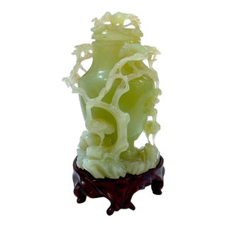 Vintage Carved Chinese Celadon Green Jade Lidded Jar/Vase - Custom Base - Presentation Box For Sale