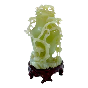 Vintage Carved Chinese Celadon Green Jade Lidded Jar/Vase - Custom Base - Presentation Box