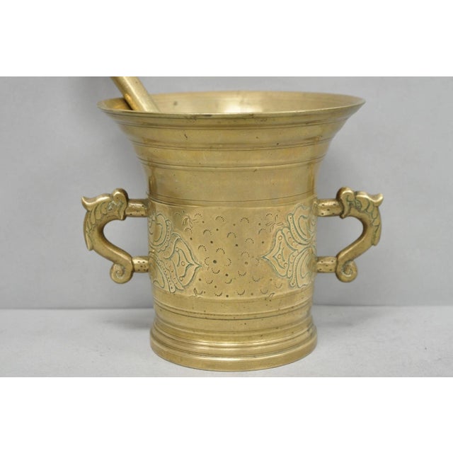 Chinoiserie Vintage Primitive Solid Brass Mortar & Pestle Apothecary Medicine Herb Grinder For Sale - Image 3 of 13