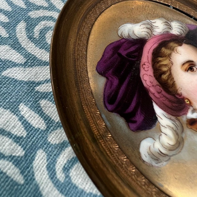 Metal Hand painted miniature portrait on porcelain with gold-tone frame // original antique art // portrait of a female // collectible artwork For Sale - Image 7 of 10