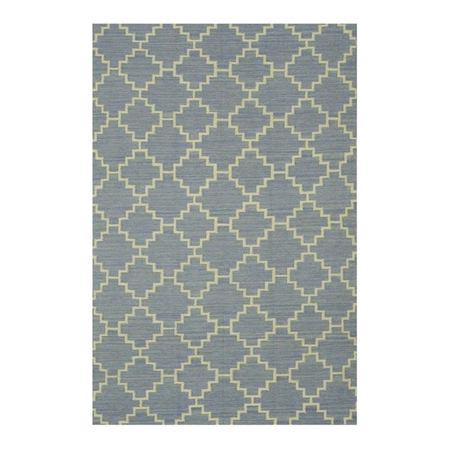 5x8 Blue Flat Weave Wool Stepped Diamond Lattice Geometric Modern Carpet Rug For Sale