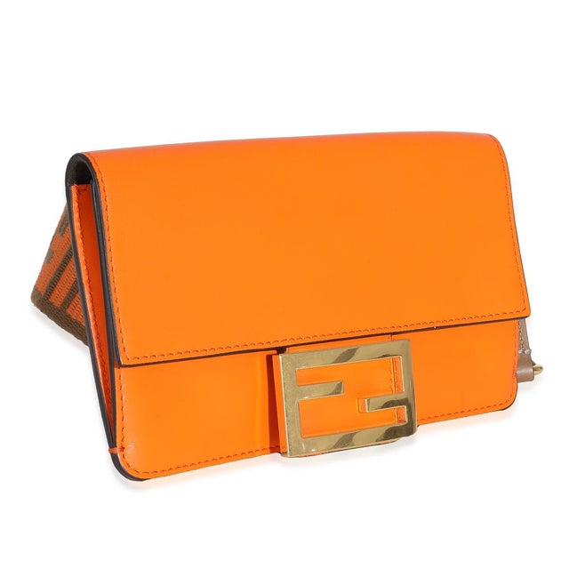 Animal Skin Orange Calfskin Mini Flat Baguette with Brown Strap You Strap For Sale - Image 7 of 8