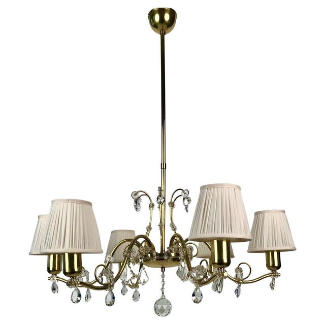Brass 6-Arm Chandelier with Cream Silk Shades, Austria, 1940s For Sale - Image 14 of 14