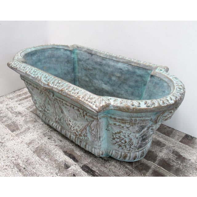 French Mediterranean-Style Tiffany Blue & Bronze Elongated Concrete Garden Planter For Sale - Image 4 of 13