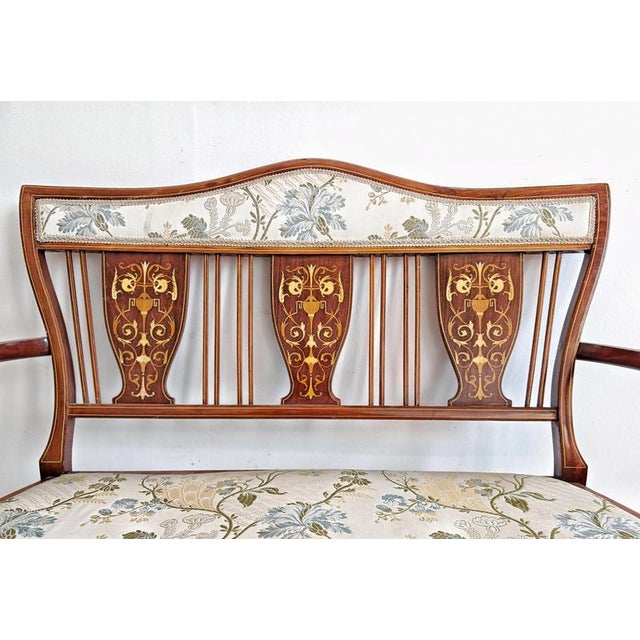 Antique Edwardian Marquetry Inlaid Two-Seater Settee in Mahogany, 1890s For Sale - Image 3 of 12