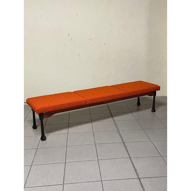 Long Bench in Stained Wood and Fabric, 1960s For Sale - Image 13 of 15