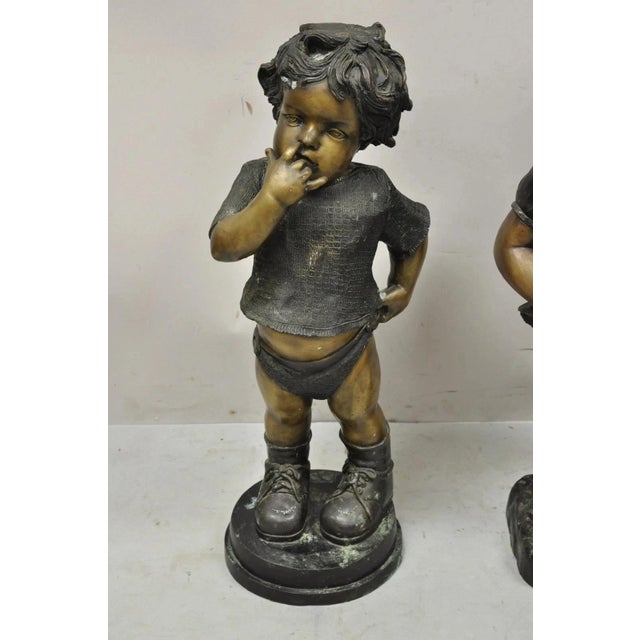 Victorian Late 20th Century Victorian Style Cast Bronze 29" Little Boy and Girl Statue Figure - A Pair For Sale - Image 3 of 12