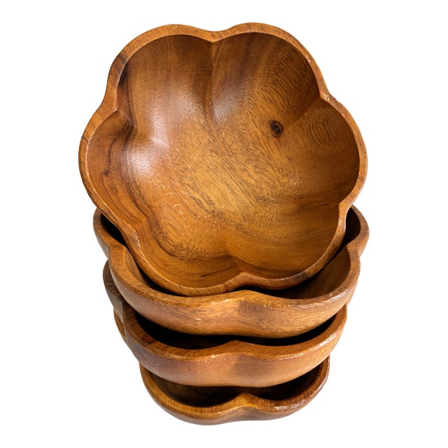 Vintage Carved Wooden Flower Shaped Bowls - Set of 4 For Sale