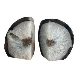 Vintage White Agate Geode Bookends, a Pair For Sale