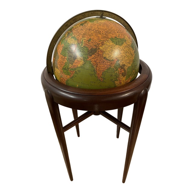 Mid Century Replogle Glass Globe Mahogany Stand | Chairish
