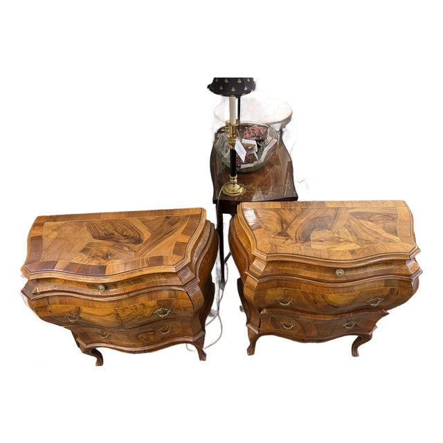 Antique Italian Burled Walnut Bombe Chest of Drawers, A Pair For Sale
