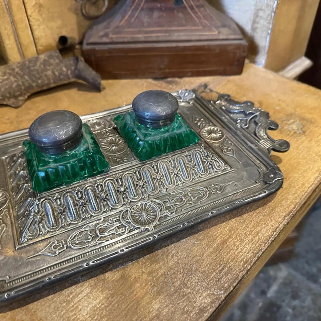 Late 19th Century Victorian Silver Plated and Green Glass Inkwell For Sale - Image 6 of 11