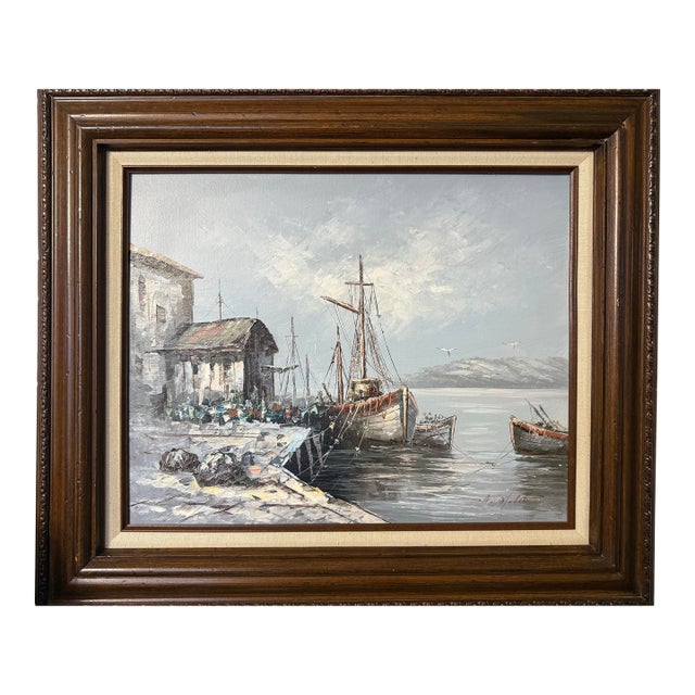 Vintage European Harbor Oil Painting Fishing Boats Seascape Framed Signed For Sale