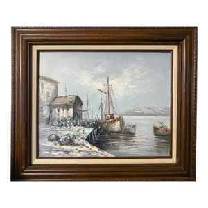 Vintage European Harbor Oil Painting Fishing Boats Seascape Framed Signed