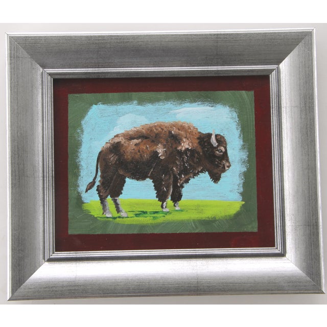 Cleo Plowden Buffalo Bison Western Landscape Dark Brown Green Blue Americana Folk Art Realism Original Oil Painting Cleo Plowden For Sale - Image 4 of 4