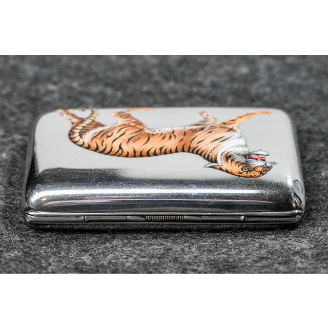 Fierce Hand Painted Enamel Tiger Antique Sterling Silver Luxury Cigarette Case Holder Tobacciana For Sale - Image 16 of 18