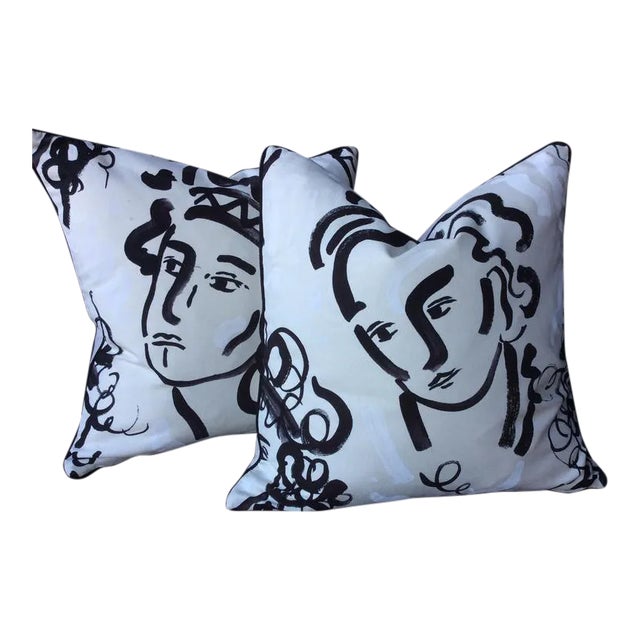 Clarence House “Jules Et Jim” Charcoal White & Cream Pillows - A Pair For Sale