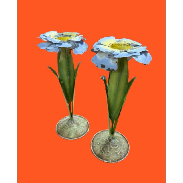 Rustic European Mid 20th Century Italian Tole Flowers Botanical Candle Holders, a Pair For Sale - Image 3 of 9