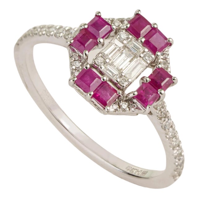 14k White Gold Ruby & Emerald-Cut Diamond Art Deco Cluster Ring Size 9 For Sale