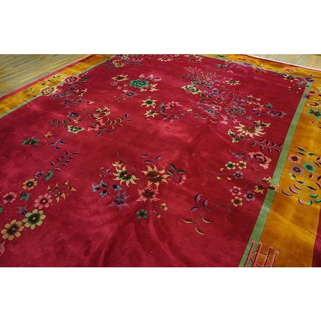 1920s Exciting Red Background Color With Asymmetric Floral Design Antique Chinese Art Deco Rug For Sale - Image 5 of 9