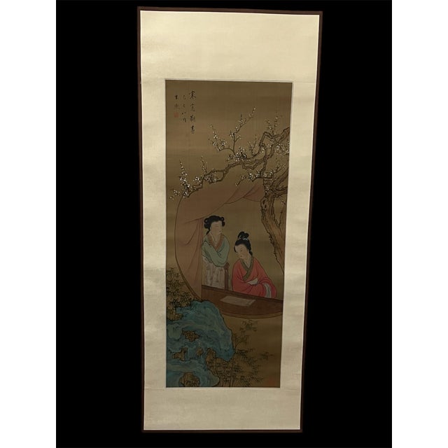 Chinese Art Scroll Painting Landscape Garden with People Scenery Design AGES: Mid 20th Century MATERIALS: Silk Paper...