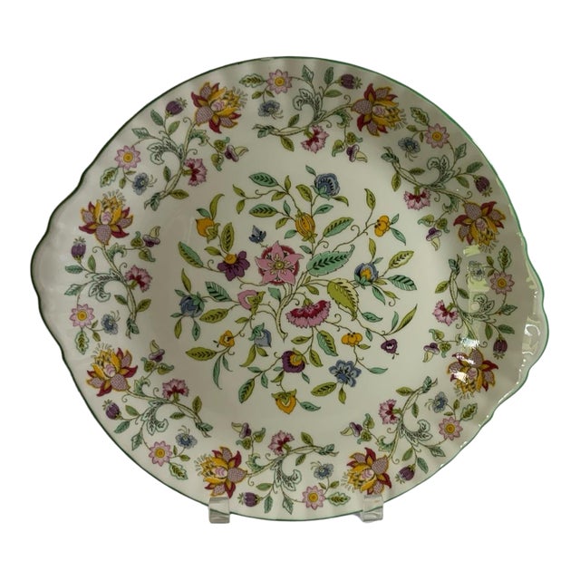 Vintage Minton Haddon Hall Large Handled Cake Plate Fine Bone China Green England 1948-2011 For Sale