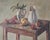 Vintage still-life oil painting depicting apples, pears and two ceramic pitchers on a rustic table. Original and one of a...