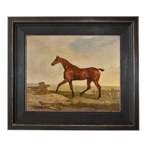 "A Bay Hunter With a Fox at It's Side" Canvas Print in Distressed Black Solid Wood Frame, Framed 14-1/2" X 17-1/2"