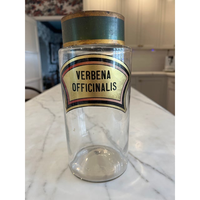 Early 20th Century Antique European Verbena Officinalis Glass Apothecary Pharmacy Jar With Metal Olive Green Lid For Sale - Image 5 of 6