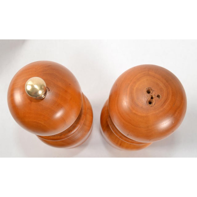 Italian Large Vintage Turned Solid Wood Brass Décor Salt Shaker & Pepper Mill Grinder For Sale - Image 9 of 12