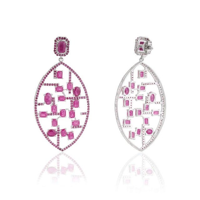 Contemporary Art Deco Geometric Ruby Lattice Drop Earrings in 925 Sterling Silver, A Pair For Sale - Image 3 of 11