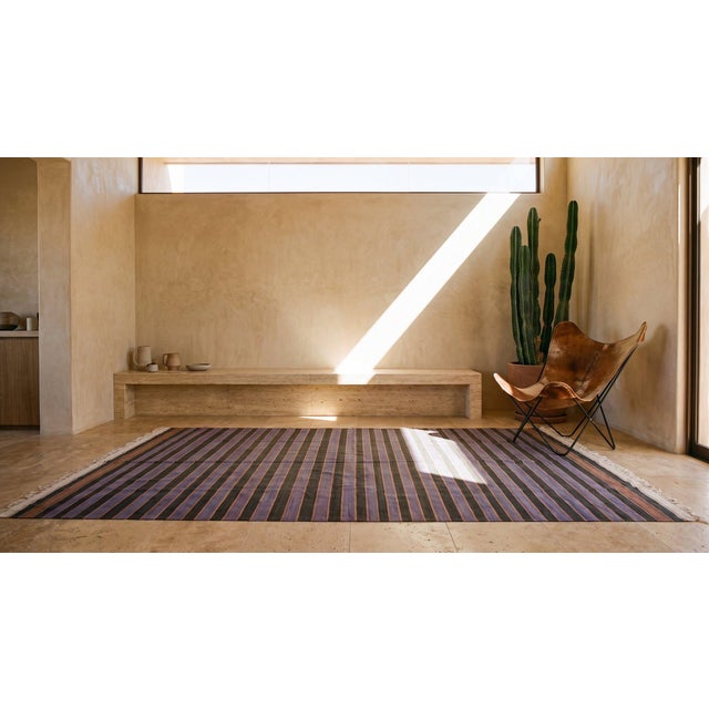 1930s Purple Stripe Antique Indian Dhurrie Rug 11'5 X 15'8" Flat Weave Cotton Carpet For Sale In New York - Image 6 of 7
