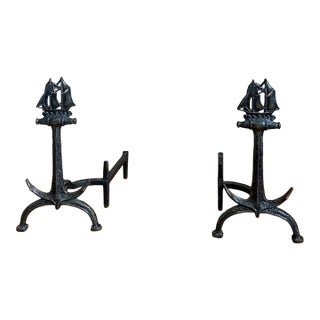 Vintage Nautical Cast Iron Anchor and Sailing Ship Andirons - Pair For Sale