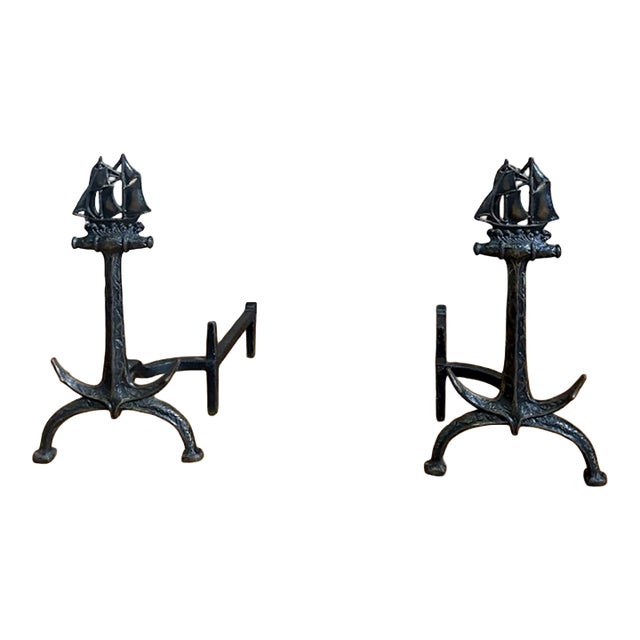 Vintage Nautical Cast Iron Anchor and Sailing Ship Andirons - Pair For Sale