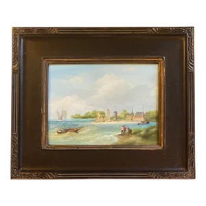 Satori Gregorakis Oil Painting of a Dutch Riverscape With Sailboats and Figures