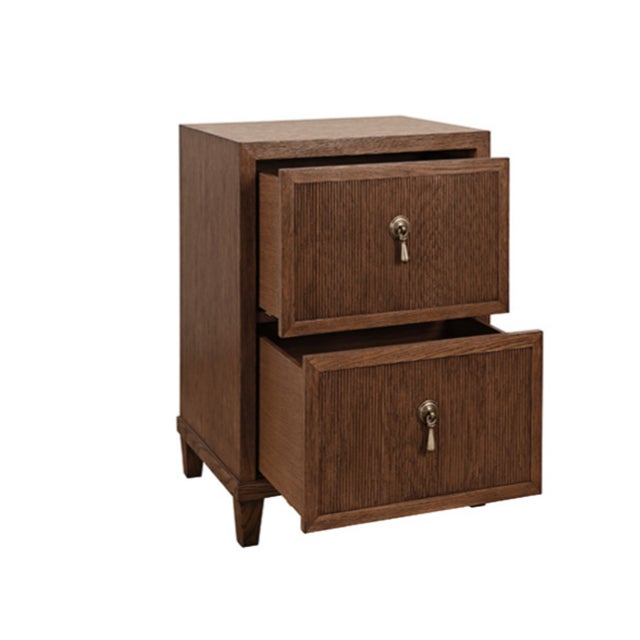 Contemporary Matthew Izzo Home Novalie Fluted Provincial Brown Oak Two Drawer Side Table With Antique Brass Drawer Pulls For Sale - Image 3 of 8