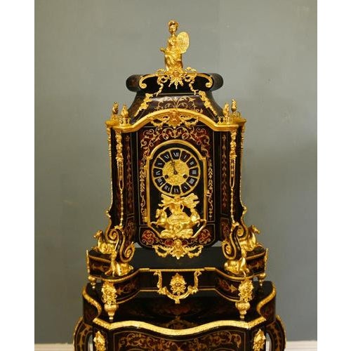 French Boulle Style Mantel Clock with Pedestal Stand For Sale - Image 3 of 16