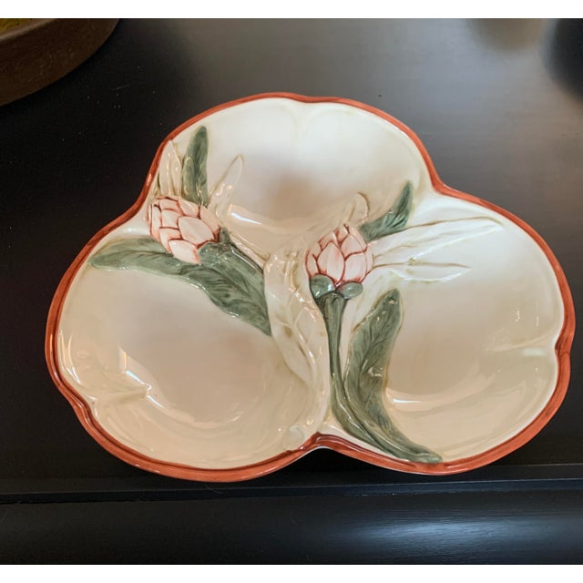 Vintage, Italian made majolica, hand painted three-lobed serving dish by Carraro. The division is accentuated by a set of...