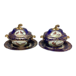 Pair Antique Coalport Porcelain Cobalt With Birds Covered Sauce Tureens With Under Plates For Sale